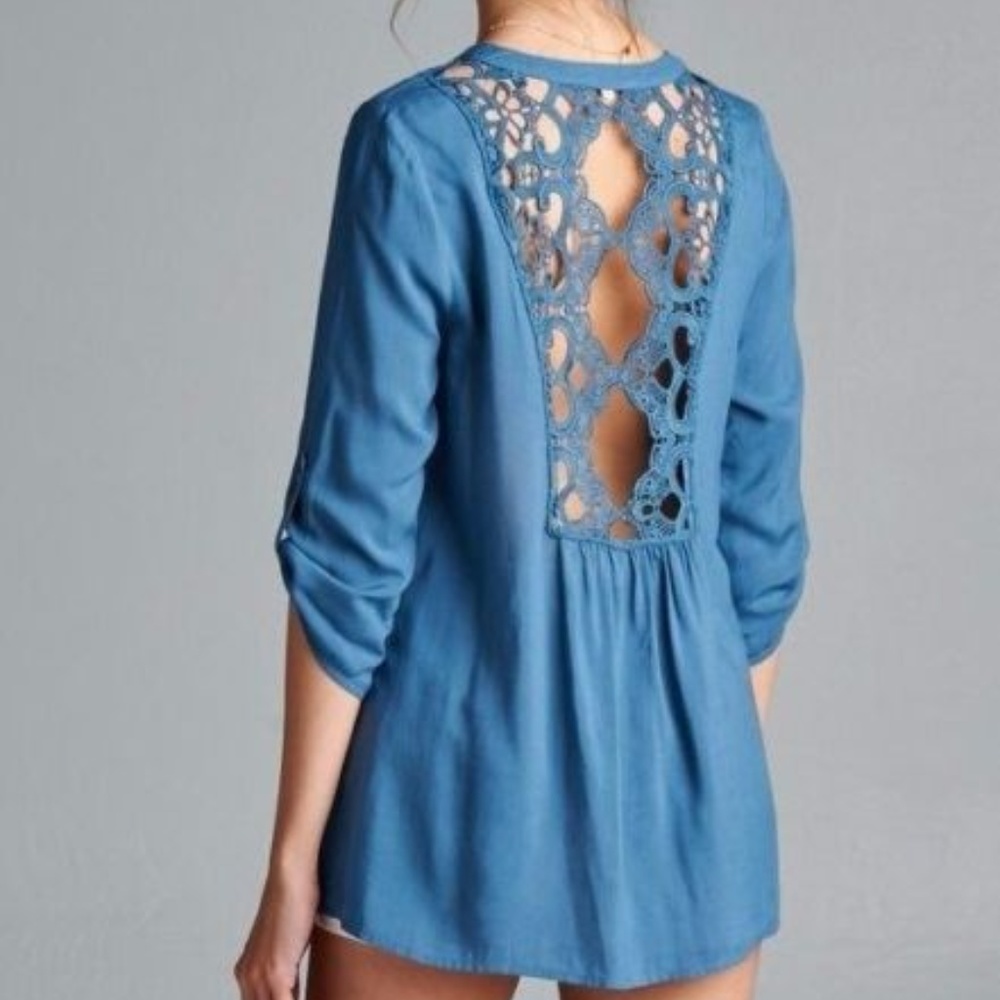 Small Lace Back Button Down Blouse Top